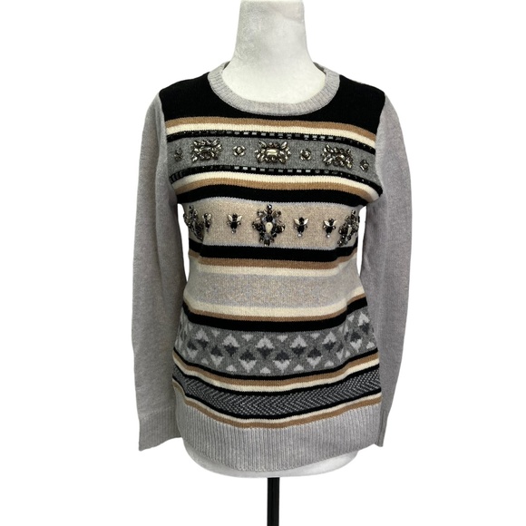 J. Crew 100% Wool Grey Long Sleeve Crew Neck Jewelled Fair Isle Sweater … - Picture 3 of 11
